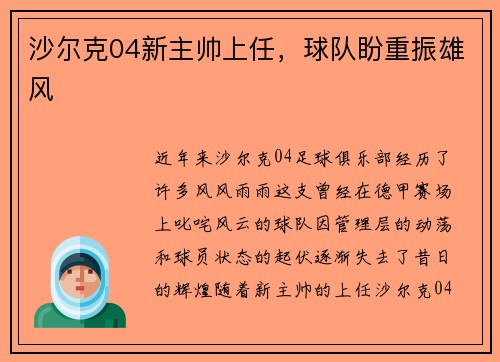沙尔克04新主帅上任，球队盼重振雄风